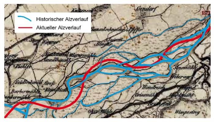 Auf dieser historischen Karte ist der Wildﬂuss-Charakter der Alz gut erkennbar.  Quelle: Topographischer Atlas vom Königreich Bayern, Blatt 79, 1832 (Geobasisdaten: Bayerisches Landesvermessungsamt) mit eigenen Farbeintragungen