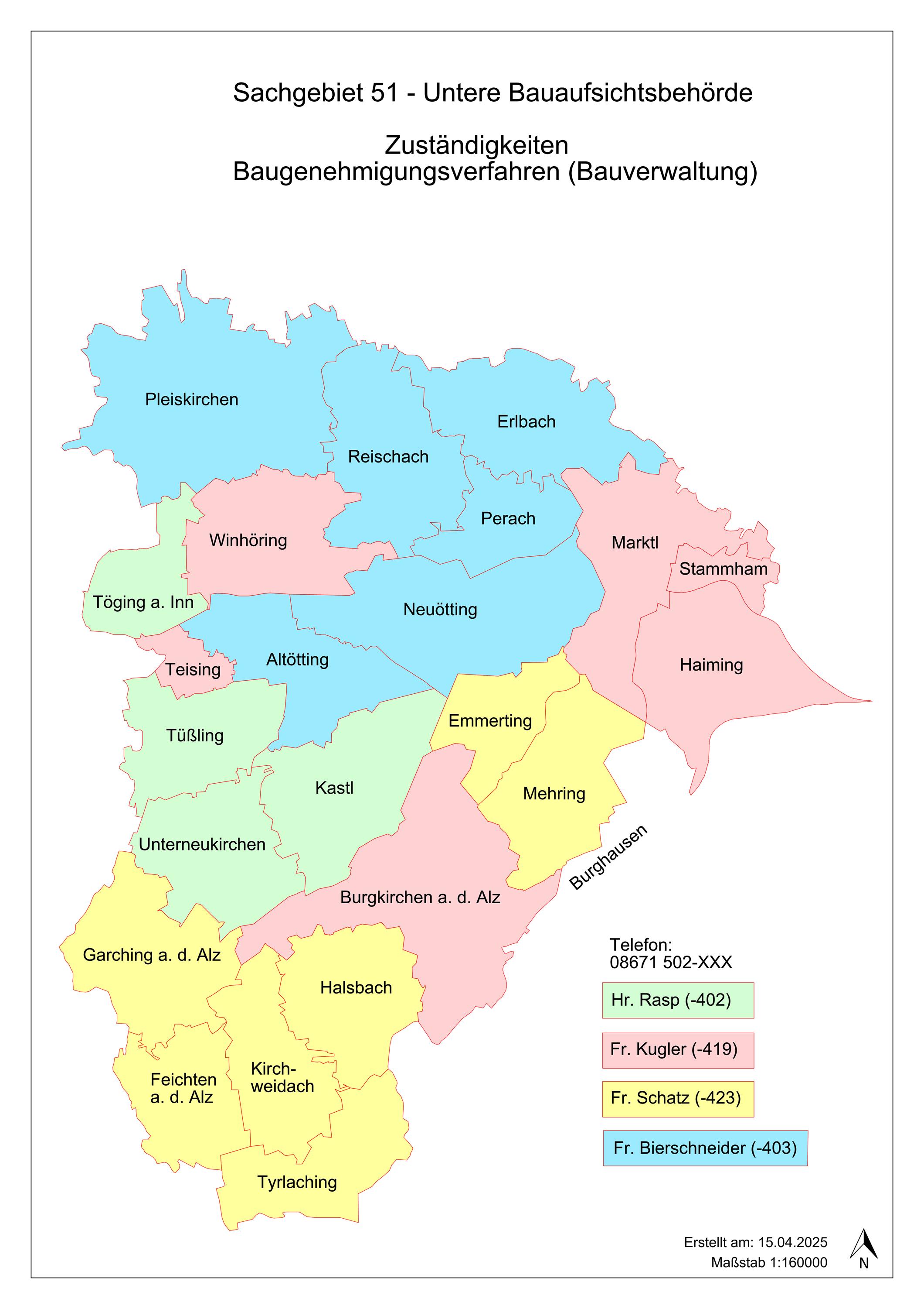 Landkarte mit Bauaufsichtszuständigkeit verschiedener Regionen 