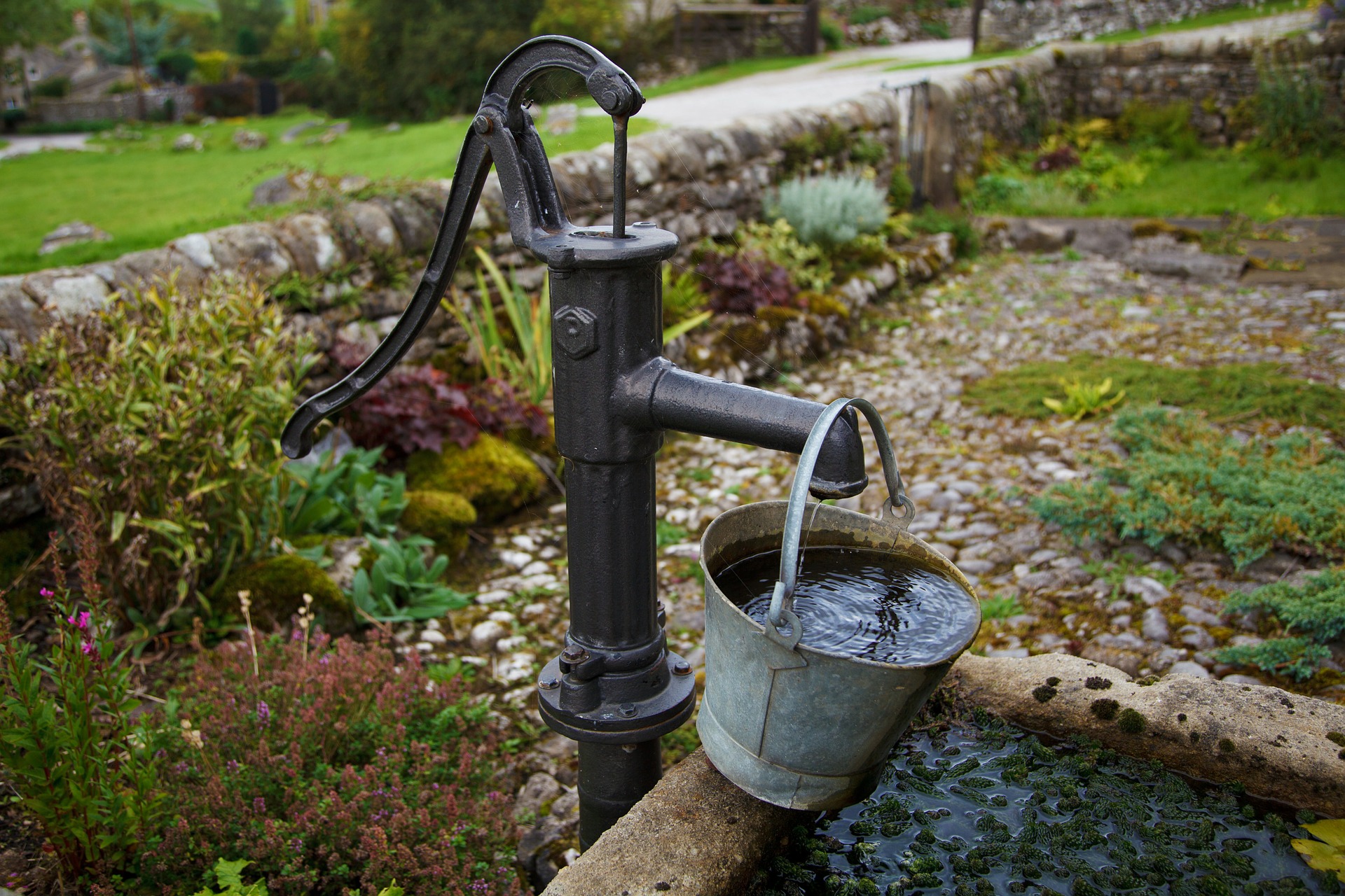 Brunnen in verwachsenem Garten