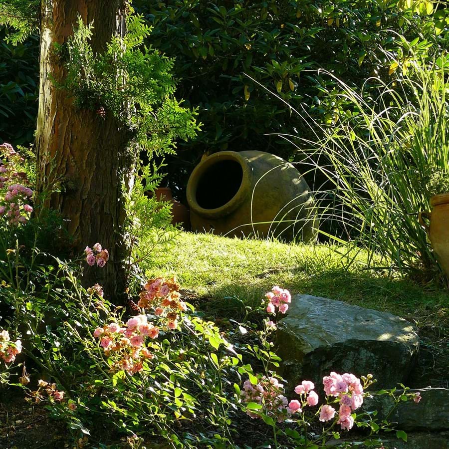 Verträumter Garten mit Rosen, Schilf und Ton-Vasen
